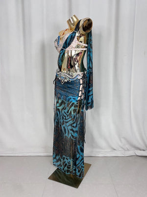 Belly Dance Costume Women's Blue & Black Animal Print Chiffon & Sequin Bra Top with Embellished Hip Scarf & Skirt Set