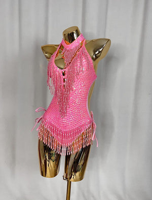 Women's Teal Sequin Beaded Fringe Halterneck Latin Dance Bodysuit