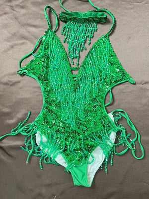 Latin Dance Leotard Women's Orange Sequin Beaded Fringe Halter Neck Bodysuit