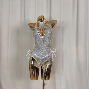 Latin Dance Leotard Women's Orange Sequin Beaded Fringe Halter Neck Bodysuit