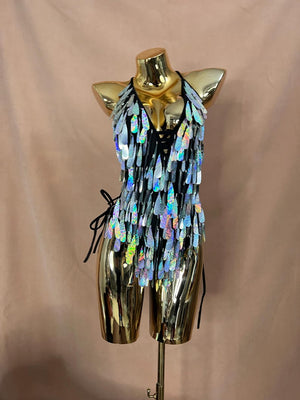 Women's Iridescent Sequin Fringe Halter Bodysuit, Festival Dance Rave Wear
