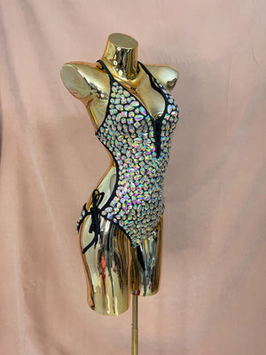 Women's Black Iridescent Rhinestone Halter Neck Bodysuit with Side Ties, Latin Dance