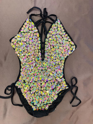 Women's Black Iridescent Rhinestone Halter Neck Bodysuit with Side Ties, Latin Dance