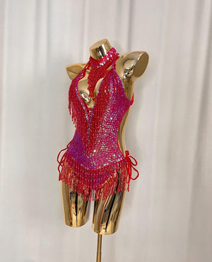Women's Red & Pink Ombre Sequin Fringe Halter Latin Dance Dress