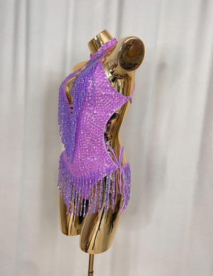Women's Purple Sequin Beaded Fringe Halterneck Latin Dance Leotard