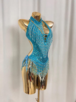 Women's Teal Sequin Beaded Fringe Halter Neck Latin Dance Bodysuit