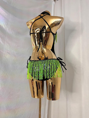 Women's Neon Green Sequin Beaded Fringe Halter Neck Dance Leotard