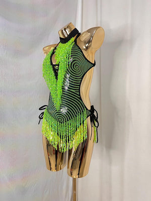 Women's Neon Green Sequin Beaded Fringe Halter Neck Dance Leotard