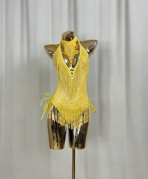 Women's Yellow Sequin Beaded Fringe Halterneck Latin Dance Dress