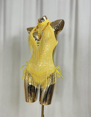 Women's Yellow Sequin Beaded Fringe Halterneck Latin Dance Dress