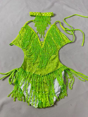 Women's Neon Green Sequin Fringe Halter Leotard Latin Dancewear