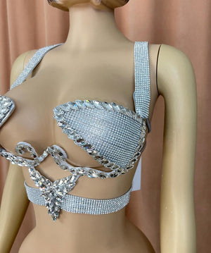 Dancing Top Women's Silver Rhinestone Crystal Embellished Halter Bra Belly Dance