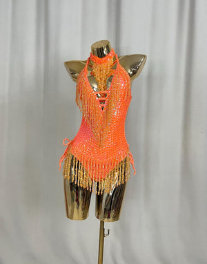 Latin Dance Leotard Women's Orange Sequin Beaded Fringe Halter Neck Bodysuit