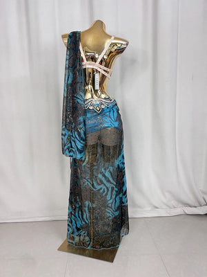 Belly Dance Costume Women's Blue & Black Animal Print Chiffon & Sequin Bra Top with Embellished Hip Scarf & Skirt Set