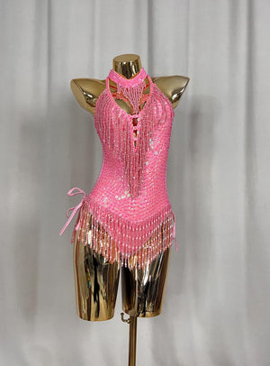 Women's Teal Sequin Beaded Fringe Halterneck Latin Dance Bodysuit