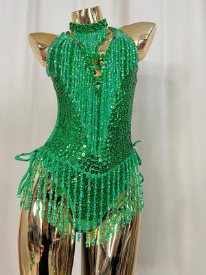 Latin Dance Leotard Women's Orange Sequin Beaded Fringe Halter Neck Bodysuit