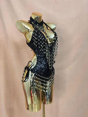 Dancewear Women's Black & Gold Sequin Beaded Fringe Halter Bodysuit