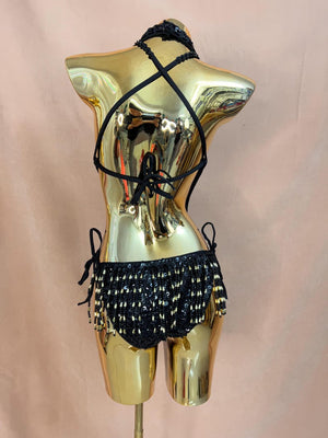 Dancewear Women's Black & Gold Sequin Beaded Fringe Halter Bodysuit