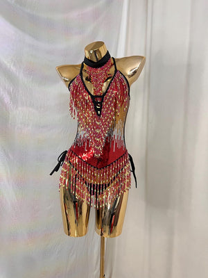 Women's Neon Green Sequin Beaded Fringe Halter Neck Dance Leotard