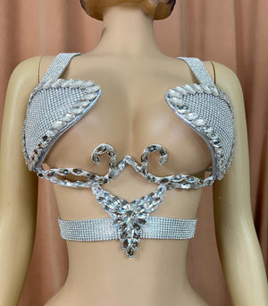 Dancing Top Women's Silver Rhinestone Crystal Embellished Halter Bra Belly Dance