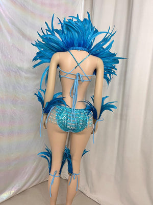Carnival/Samba Dance Costume Women's Blue Sequin Beaded Feather Bodysuit with Arm Cuffs and Leg Bands