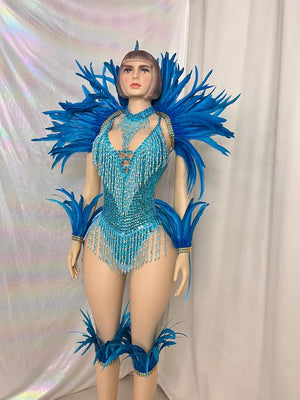 Carnival/Samba Dance Costume Women's Blue Sequin Beaded Feather Bodysuit with Arm Cuffs and Leg Bands