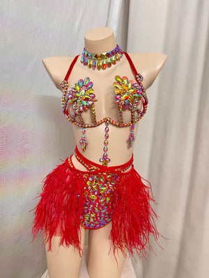 Women's Red Rhinestone Feather Crystal Carnival Samba Dance Costume