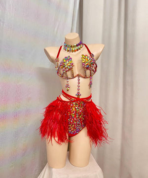Women's Red Rhinestone Feather Crystal Carnival Samba Dance Costume