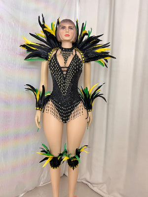 Carnival/Samba Dance Costume Women's Blue Sequin Beaded Feather Bodysuit with Arm Cuffs and Leg Bands