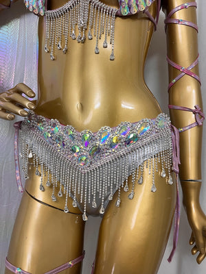 Dancewear Costume, Women's Iridescent White Rhinestone Fringe Bra Top and Skirt Set with Leg Wraps, Belly Dance Style