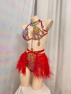 Women's Red Rhinestone Feather Crystal Carnival Samba Dance Costume