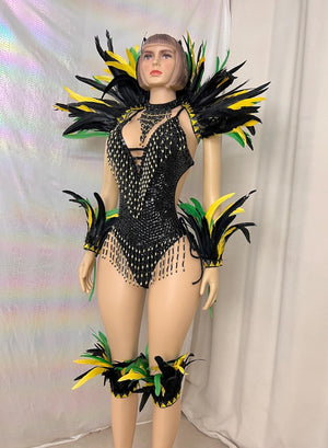 Carnival/Samba Dance Costume Women's Blue Sequin Beaded Feather Bodysuit with Arm Cuffs and Leg Bands