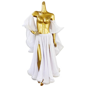 Women's Pink Chiffon Off-Shoulder Bell Sleeve Slit Skirt Belly Dance Costume