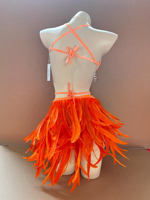 Carnival Women's Orange Feathered Sequin Rhinestone Halter Top and Skirt Set Samba Dance Costume