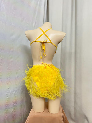 Women's Yellow Rhinestone & Feather Embellished Latin Dance Costume Set