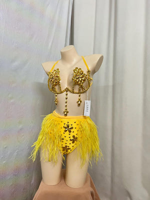 Women's Yellow Rhinestone & Feather Embellished Latin Dance Costume Set