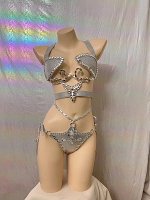 Women's Silver Rhinestone Harness Bra and High-Waisted Bikini Bottom Set - Rave, Festival, Pole Dance