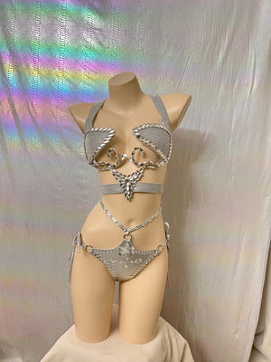 Women's Silver Rhinestone Harness Bra and High-Waisted Bikini Bottom Set - Rave, Festival, Pole Dance