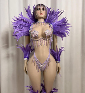 Women's Purple Feathered Rhinestone Crystal Bodysuit, Carnival Dance Costume