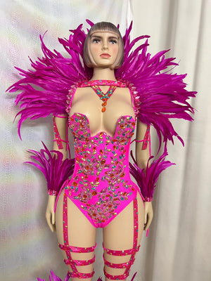 Women's Hot Pink Feathered Rhinestone Bodysuit with Garters and Leg Warmers, Carnival Dance
