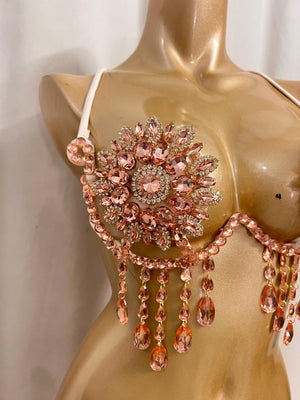 Women's Rose Gold Crystal Rhinestone Bra Top with Teardrop Fringe, Belly Dance