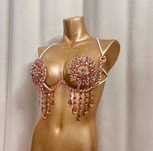Women's Rose Gold Crystal Rhinestone Bra Top with Teardrop Fringe, Belly Dance