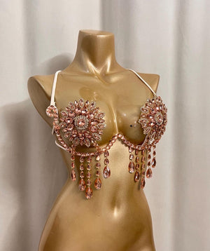 Women's Rose Gold Crystal Rhinestone Bra Top with Teardrop Fringe, Belly Dance
