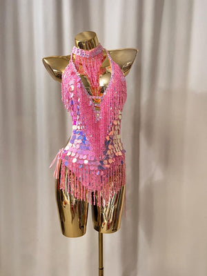 Women's Pink Sequin Beaded Fringe Halterneck Latin Dance Dress