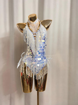 Women's Pink Sequin Beaded Fringe Halterneck Latin Dance Dress