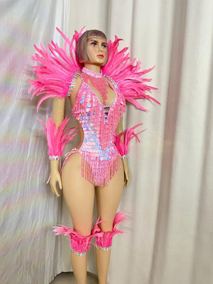 Dance Leotard Women's Pink Sequin Feather Embellished Bodysuit with High Neck and Arm/Leg Cuffs - Carnival/Rave/Burlesque Costume