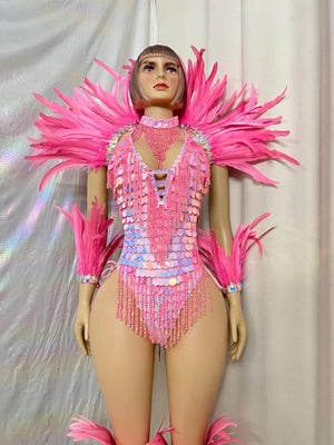 Dance Leotard Women's Pink Sequin Feather Embellished Bodysuit with High Neck and Arm/Leg Cuffs - Carnival/Rave/Burlesque Costume