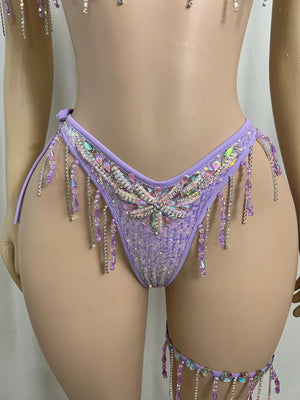 Women's Lavender Sequin & Rhinestone Fringe Bra & Thong Set with Arm & Leg Bands, Burlesque/Rave Dancewear