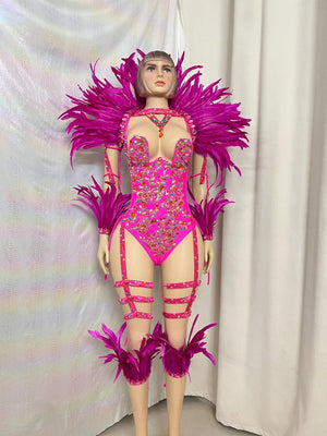 Women's Hot Pink Feathered Rhinestone Bodysuit with Garters and Leg Warmers, Carnival Dance