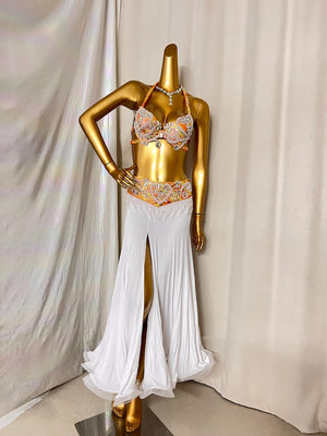 Belly Dance Costume, Women's White & Orange Halter Bra & Hip Scarf with Rhinestones, Slit Skirt, Chiffon & Spandex